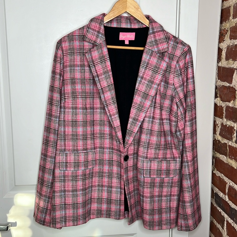 PINK + BLACK PLAID BLAZER